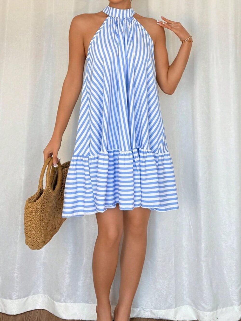 Blue And White Elegant Women's Halter Neck Frill Trim Striped Vacation Dress - Picture 3 of 6